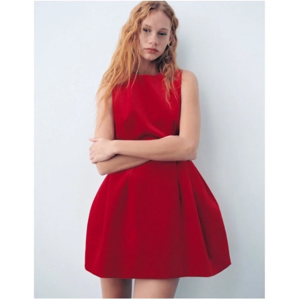 Zara red voluminous mini dress crepe material- Valentine’s Day dress - Picture 6 of 15